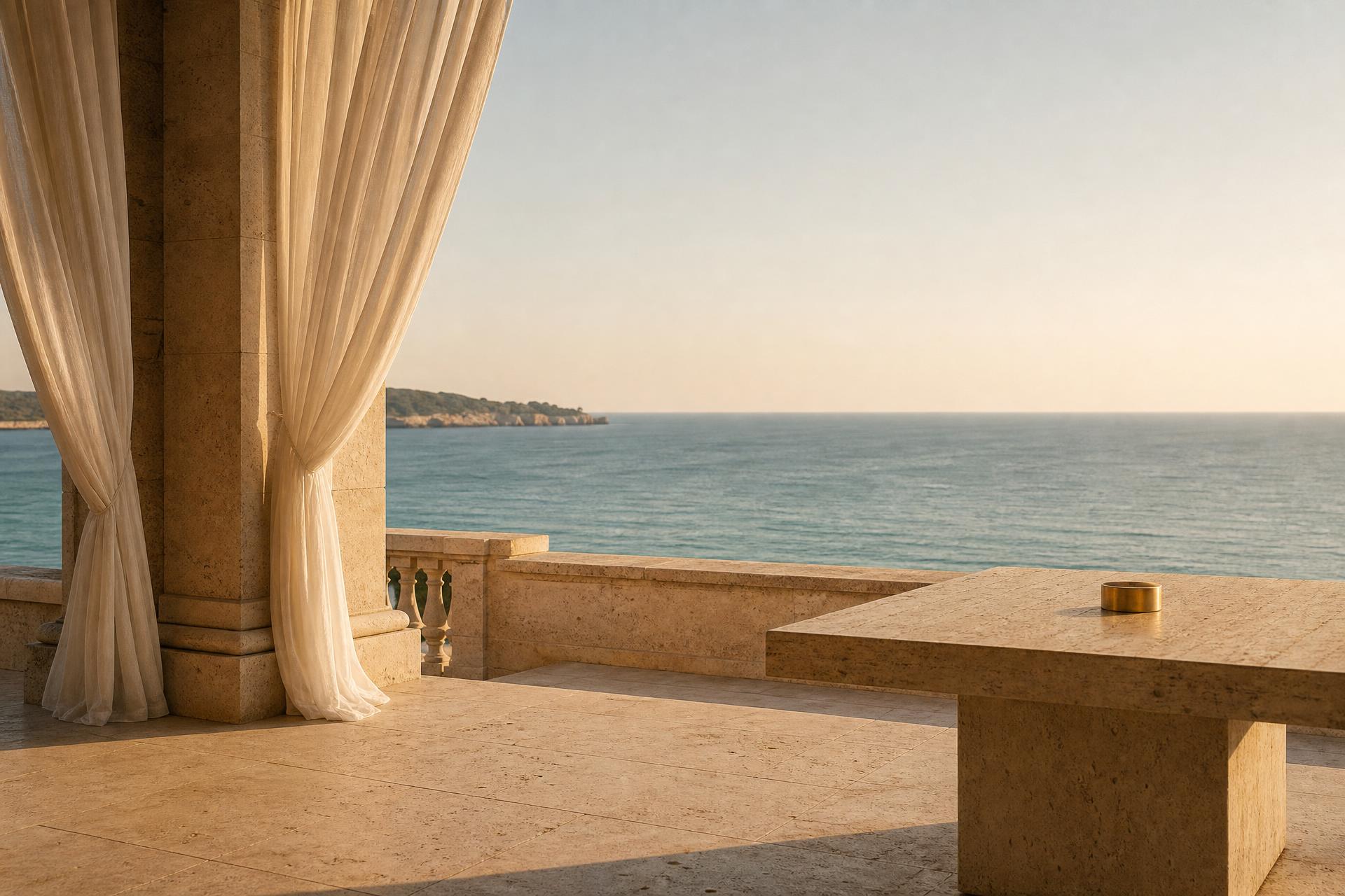 Limestone terrace of a coastal estate at golden hour with ivory linen curtains overlooking a calm blue-green sea